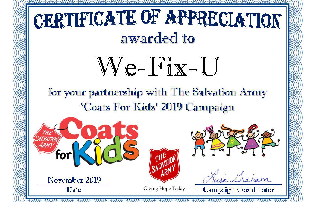 coats for kids certificate with wefixu as sponsor