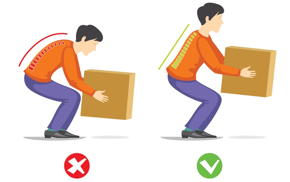 a person lifting a box correctly and incorrectly