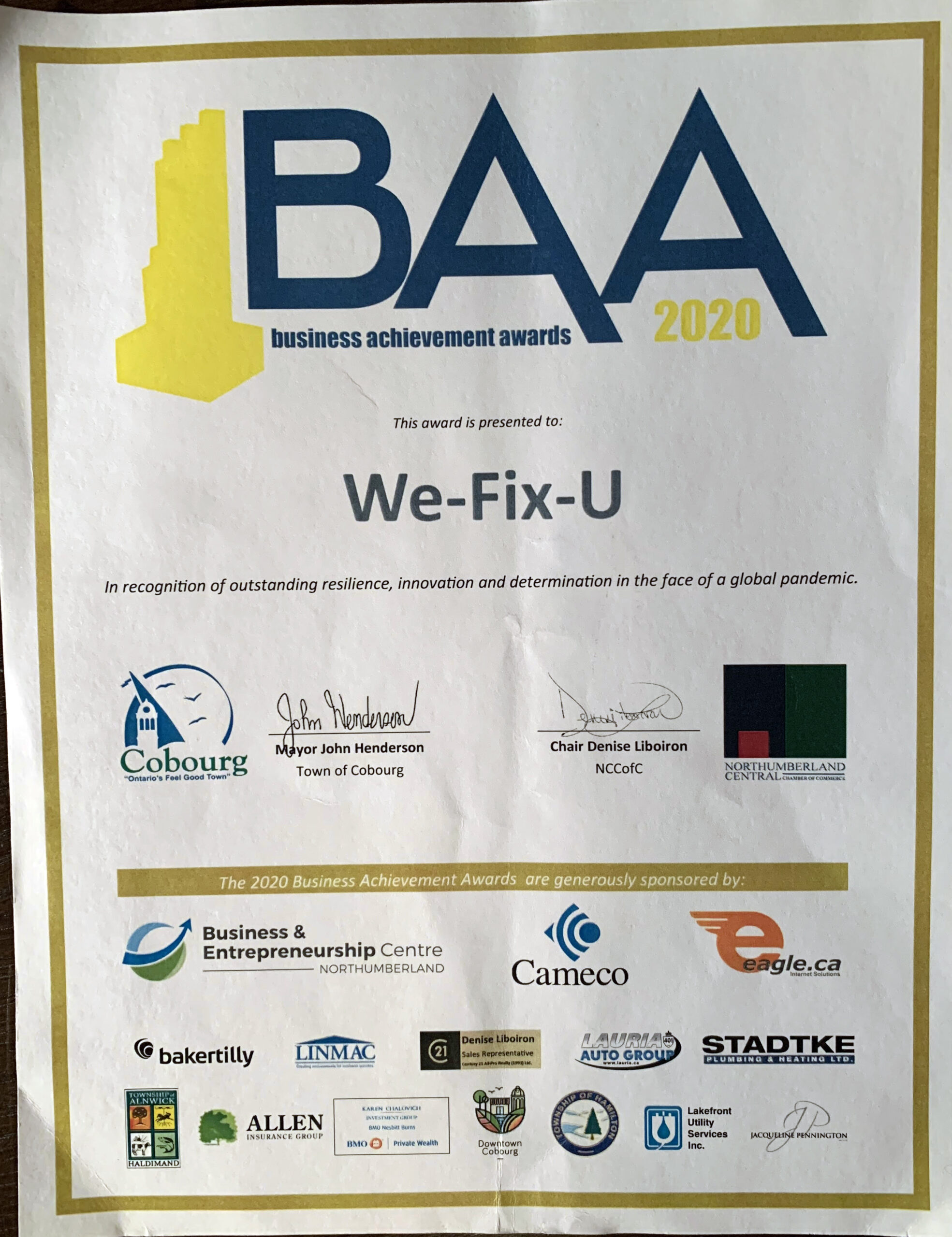 baa award certificate given to wefixu physiotherapy with a list of sponsor and the town of cobourg mayors signture
