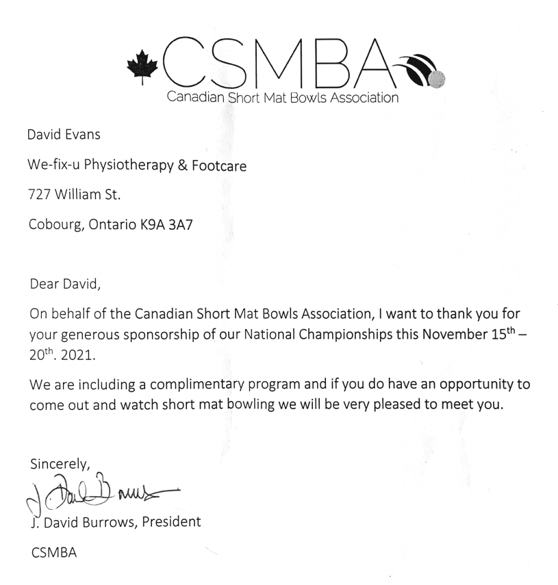 letter from CSMBA giving thanks to wefixu for sponsoring the short mat bowls championship